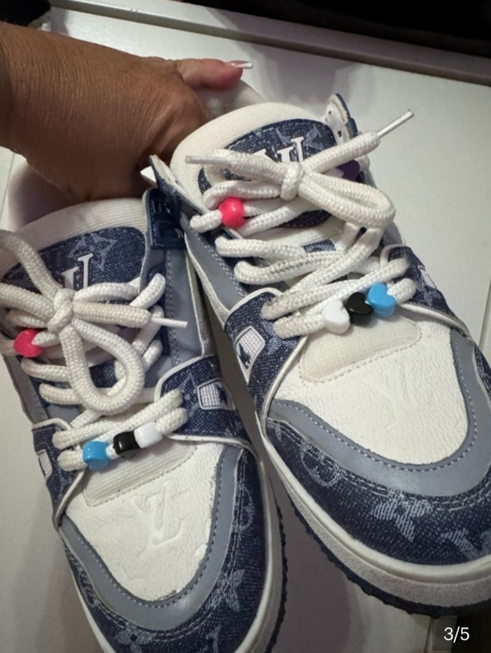 LV White and Blue Designer Logo Sneakers